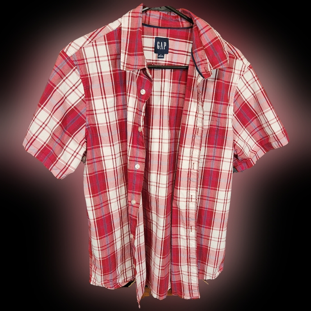 Button Down Short Sleeve Shirt - Red & White Plaid - Men's Large